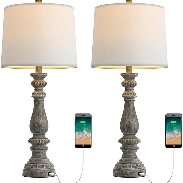 BOBOMOMO 27.75'' USB Table Lamp Set of 2 Antique Retro Nightstand Lamp for Bedroom Living Room Office Resin Classic Bedside Desk Lamps with White Fabric Shade