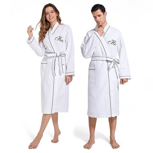 CONOMAX 2Pcs Couples Dressing Gown Waffle Robe Sets Cotton Bathrobe for Hotel Spa Party Kimono robe