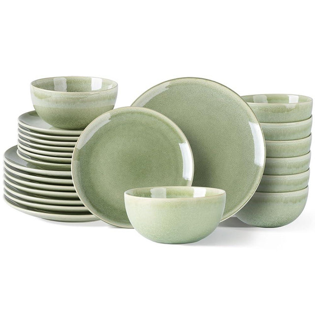 AmorArc Ceramic Dinnerware Sets for 8, 24 Pieces Handpainted Plates and Bowls Set, Scratch Resistant Stoneware Dishes Set, Dishwasher & Microwave Safe, Olive Green