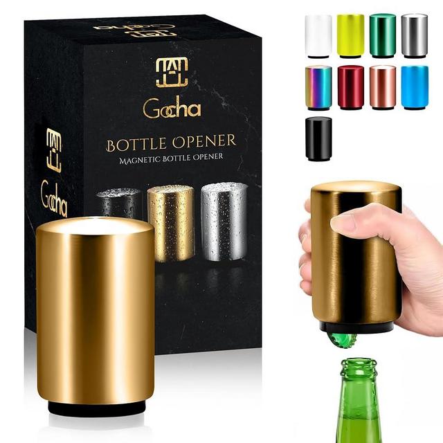 GOCHA | Magnetic Bottle Opener with Automatic Cap Catcher | Premium Stainless Steel Beer & Soda Bottle Opener | Push & Pull Design | Portable Bar Accessory (Gold)