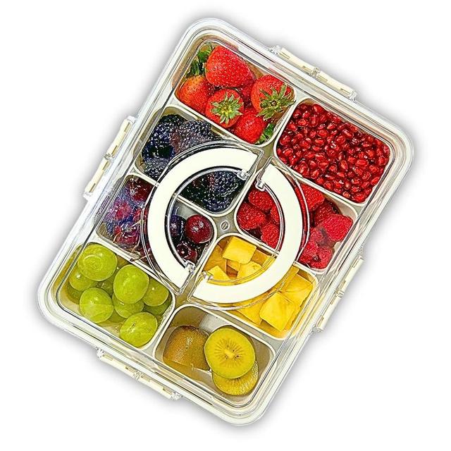 Divided Clear 8 Compartment Portable Serving Tray with Lid & Handle, Snackle Box Charcuterie Board, Storage Organizer, Veggie, Fruit, Candy Platter Container for Picnic, Party, Holidays and Travel