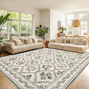 9x12 Olive Green Area Rugs Washable Rug for Living Room Big Bedroom Faux Wool Soft No Slip Floral Emerald Hunter Green and Beige Boho Vintage Extra Large Carpet for Dining Room Under Table 9x12