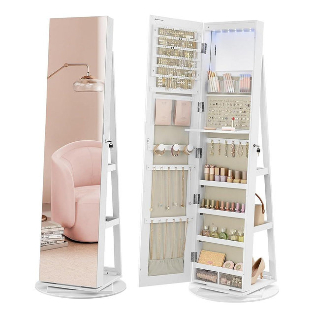 SONGMICS 6 LEDs Lockable Mirror Jewelry Cabinet, 360° Swivel Jewelry Organizer, Standing Jewelry Armoire, Frameless Full-Length Mirror, 3 Storage Shelves, White Surface, Greige Lining UJJC007W02V1