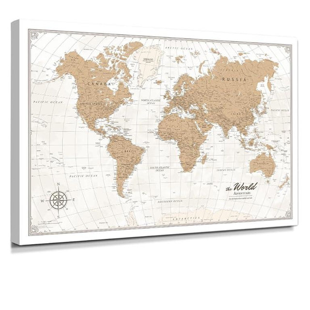 IPIC - Vintage World Map Canvas Wall Art, Oversize Travel Map Print for Home, Office, or Study, Push Pin Wall Decor for Travel Lovers, Ready to Hang