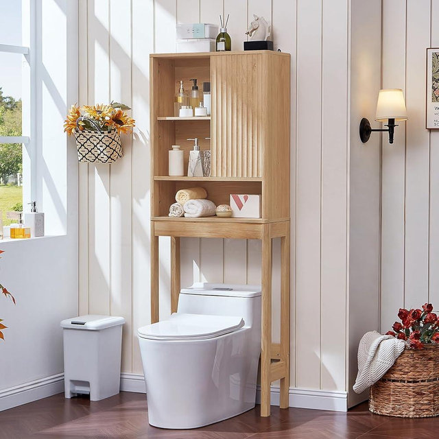 LEYAOYAO Fluted Over The Toilet Storage Cabinet, Farmhouse Over Toilet Bathroom Organizer with Sliding Door, 68" Tall Wood Natural Freestanding Washer Shelf with Adjustable Shelf & Curved Profile