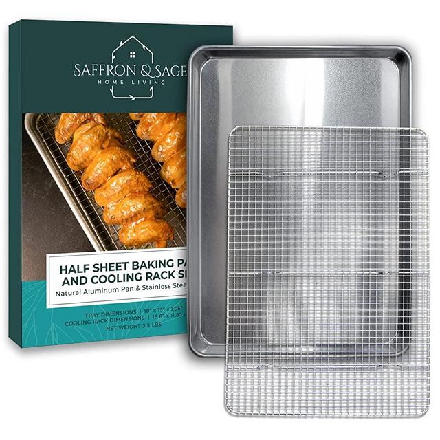 Saffron & Sage Home Commercial Quality Half Sheet Baking Pan and Stainless Steel Cooling Wire Rack Set - Aluminum Tray 18 x 13 - Rust & Warp Resista