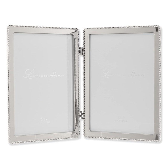 5x7 Hinged Double Cast Metal Picture Frames, Silver Classic Bead Design