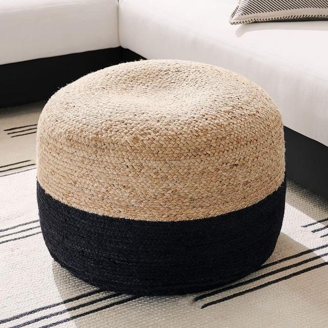 Nautral Fiber Round Pouf, 25 x 13", Black/Natural