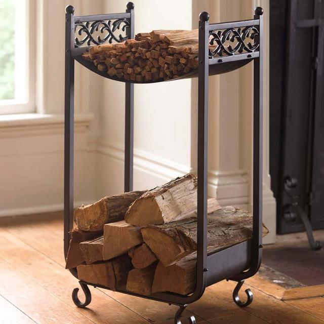Compact Log Rack, Cast Iron with Scrollwork Design - Black                    66A06 BK