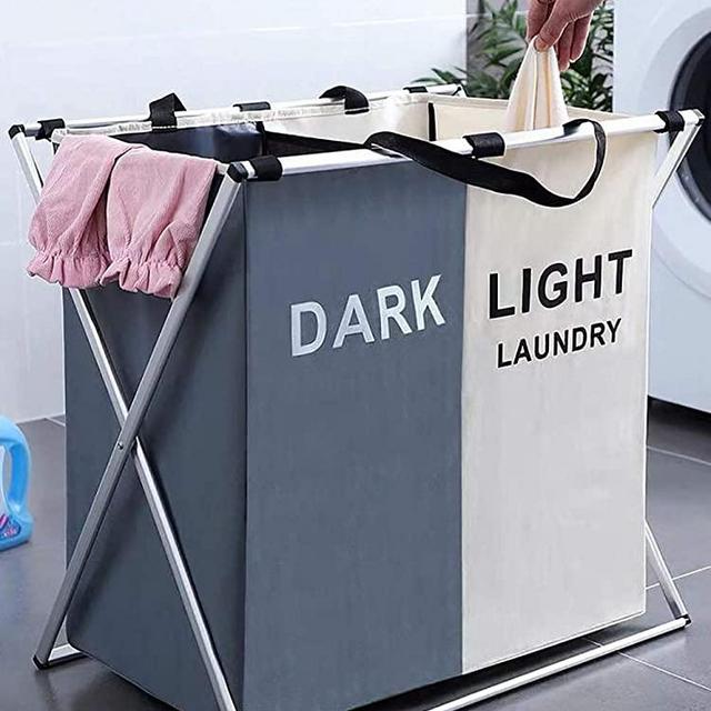 FENGLE 125L Laundry Basket Clothes Hamper Organizer Sorter Storage Foldable 2 Sections Dark & Light Hampers with Aluminum Frame (24x 15x 23 inches) Washing Dirty Cloth Bag for Bathroom Bedroom Garage
