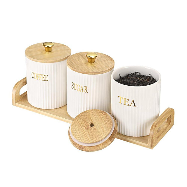 OGANAZI 3 Pack Ceramic Canister Set with Bamboo Lids and Handle Tray, Coffee Tea Sugar Container Set, White Ceramic Storage Jar Kitchen Canister for Countertop, White-Style 2