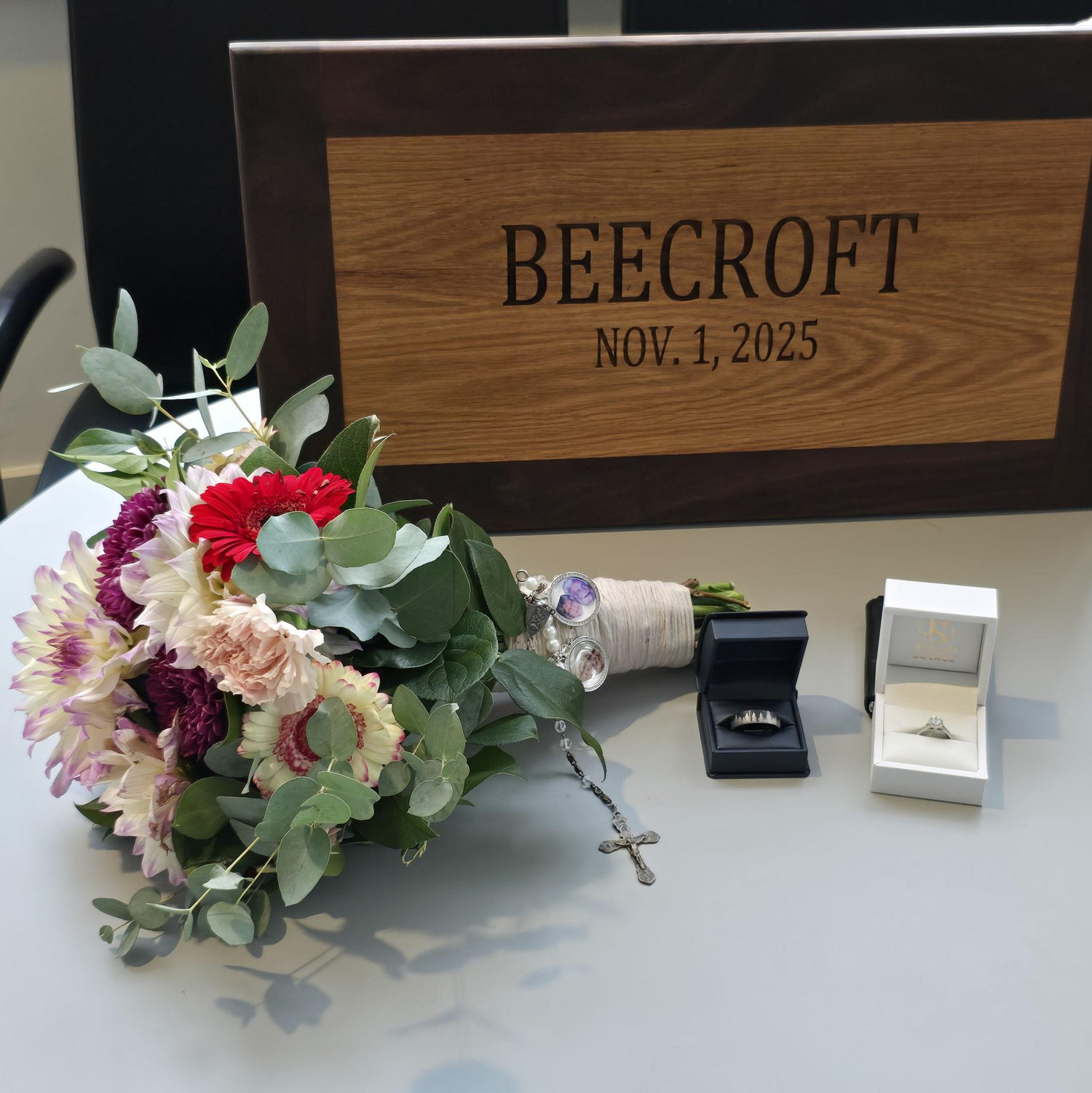 My bouquet, our rings, and images and heirlooms of those who can't be with us today.