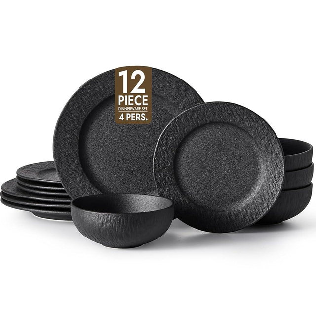 KINGSTONE Black Dinnerware Sets, 12-Piece Matte Marble Pattern Premium Porcelain, Place Setting with Dinner Plate, Salad Plate, Pasta Bowl, Microwave and Dishwasher Safe