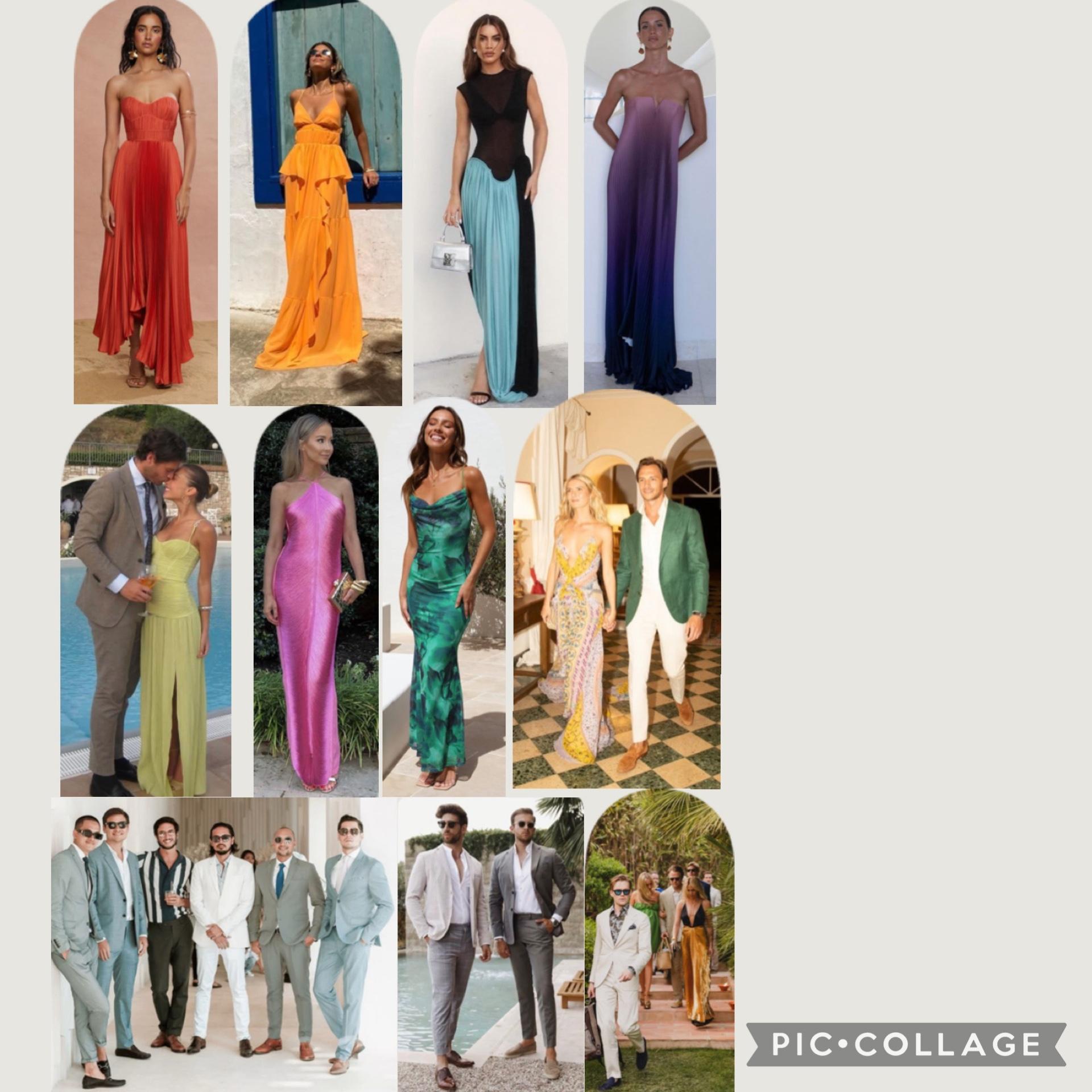 Tropical formal: Our ceremony + dinner will be outdoors, so pick shoes you can walk in on grass and poolside before hitting the dance floor. Gentlemen, lightweight suits are perfect for the vibe.