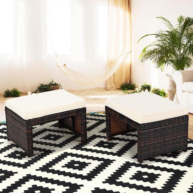 Costway 2PCS Patio Rattan Ottoman Cushioned Seat Foot Rest Furniture White