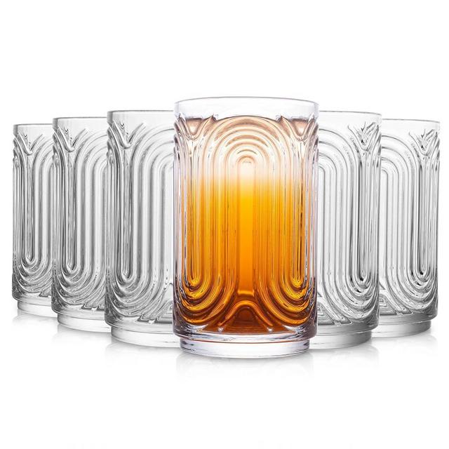INSETLAN Set of 6 Vintage Glassware - 14 oz Ripple Drinking Glasses, Art Deco Glassware Highball Glass Cup, Classic Thick Bottom Cocktail Glasses, for Bar Beverages Ice Coffee Water Juice