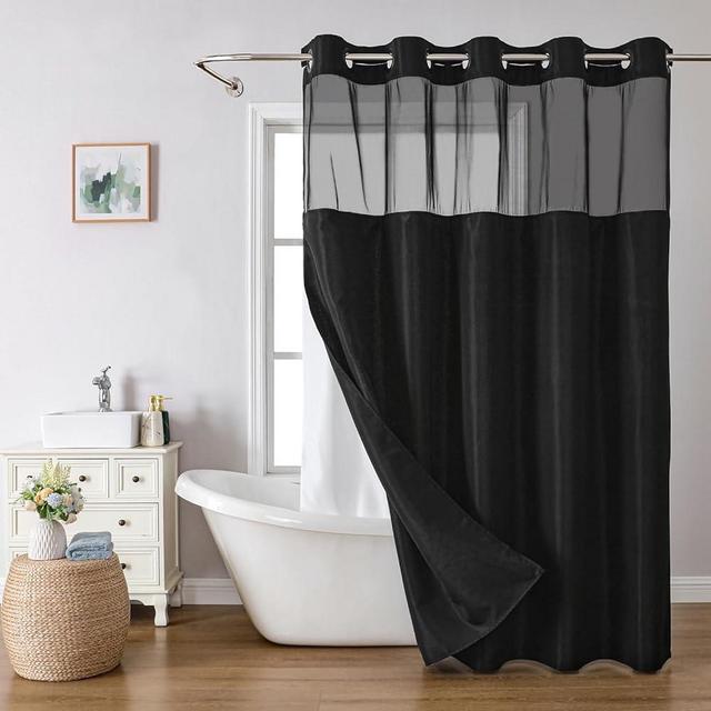 eachope No Hooks Needed Linen Textured Shower Curtain with Snap-in Fabric Liner Set,Black Hotel Luxury Decor Shower Curtains for Bathroom with Mesh Top Window,Waterproof & Washable,71Wx74H