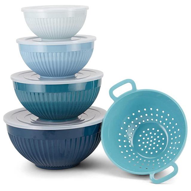 Phantom Chef Mixing Bowl Set (5 Pieces + 4 Lids) | Nested Melamine | 7, 8, 10, 11” Bowls & 9” Colander | Cooking, Mixing, Baking, Prepping, Stirring, Serving, Kneading | Space-Efficient Storage (Navy)