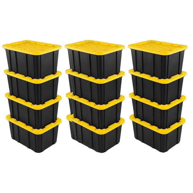 Sterilite 12 Pack Industrial Tote Organizers, Plastic Storage Container Bins with Lids, 27 Gallon - Heavy-Duty Organizing Containers for Closet, Bathroom, and Office