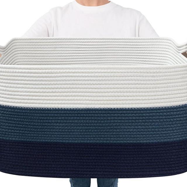 Goodpick Storaget Basket, 21.6" x 14.9" x 11.8", Toy Storage Baskets for Bedroom, Large Baskets for Organizing, Rectangle Woven Rope Basket for Blanket Storage, Blue