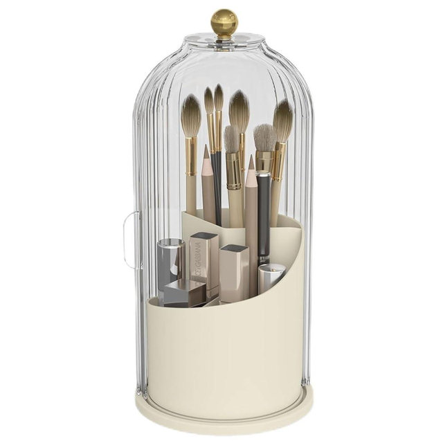 Emljkvp Makeup Brush Holder with Dustproof Cover 360 Rotating Makeup Brush Organizer for Vanity Bathroom, White/Beige