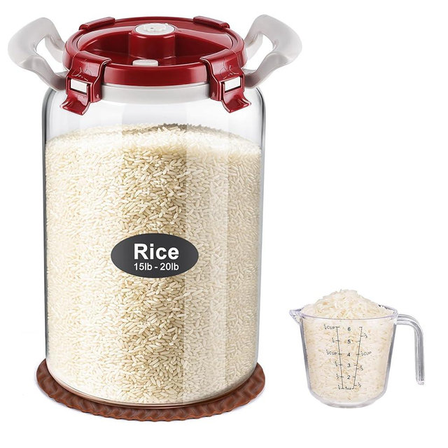 2.6 Gallon Glass Rice Storage Container with Airtight Lid & Handle - 20 lbs Large Glass Jar with Lid for Pantry, Kitchen - BPA Free, Wide Mouth, Clear Design for Flour, Pasta, Cereal Food Organization