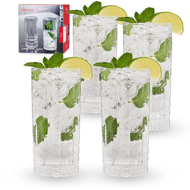 Spiegelau Perfect Serve Longdrink Glass Set, Set of 4 Highball Cocktail Glasses, European-Made Lead-Free Crystal, Dishwasher Safe, Professional Quality Cocktail Glass Gift Set, 12.3 oz