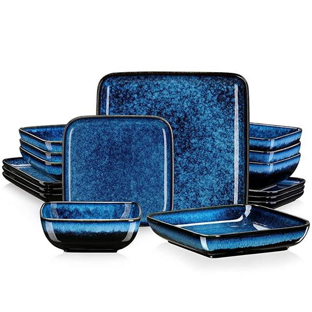 vancasso, Stern Blue Dinner Set- Square Reactive Glaze Tableware- 16 Pieces Kitchen Dinnerware Stoneware Crockery Set with Dinner Plate, Dessert Plate, Bowl and Soup Plate Service for 4