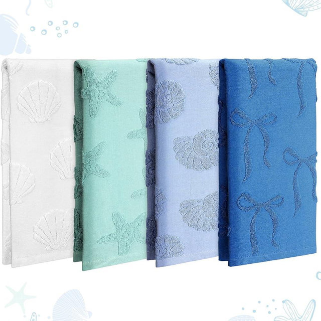 Hahafelt 4 Pack 3D Jacquard Coastal Bathroom Hand Towels Blue Bow Starfish Seashell Hand Towels 100% Cotton Soft Absorbent Decorative Ocean Coastal for Home Bath Kitchen Summer Gifts 13.8 x 29.5 Inch
