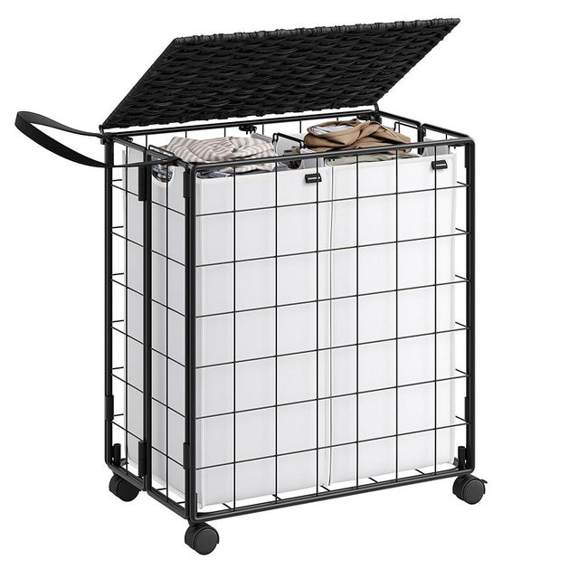 SONGMICS Laundry Hamper, 110L Laundry Basket with Lid, Clothes Hamper with Wheels, Collapsible Removable Liner Bag, Iron-Made Laundry Sorter, Ink Black and Cloud White ULCB211B12
