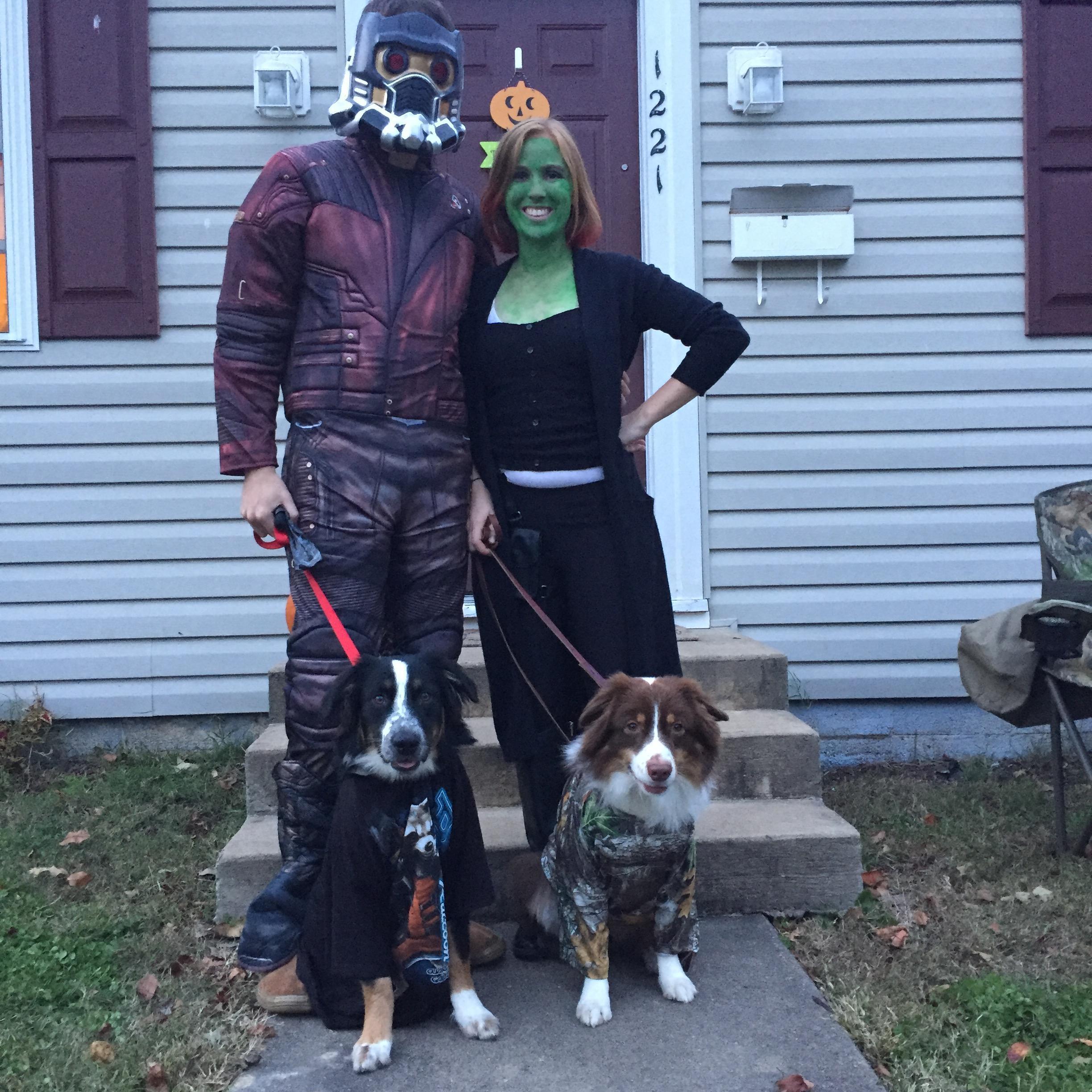Halloween dresses as the Guardians of the Galaxy, featuring StarLord, Gamora, Rocket, and Groot