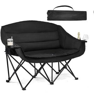 Double Camping Chair Padded Loveseat Chair for 2 Person - Heavy Duty Oversized Camping Couch for Adults Outdoor Sports Lawn Beach Portable Folding XL Chairs with Cup Holders and Carry Bag, All Black