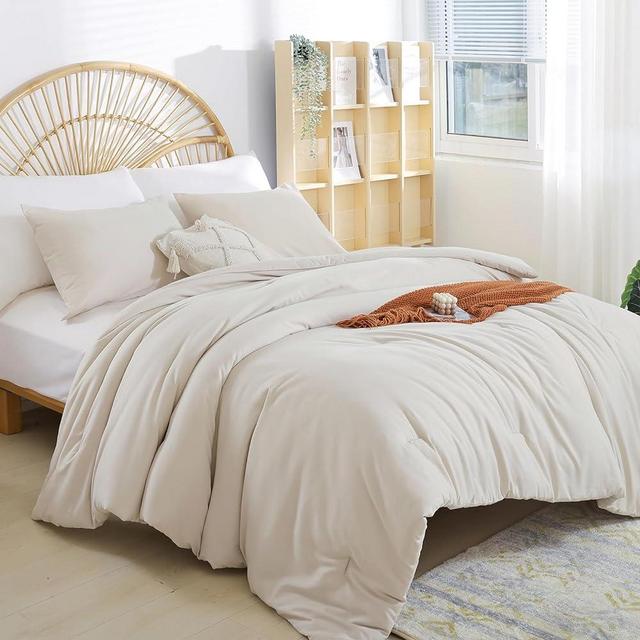 weigelia Beige Comforter Queen Size 3PCS Bed Comforter with 2 Pillowcases - Ligtweight Soft Solid All Season Queen Comforter Bed Set - Boho Aesthetic Bedding Set for Men and Women