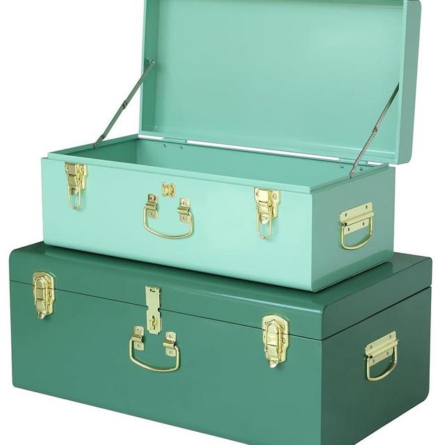 Vixdonos Decorative Large Metal Box Storage Trunk Chest Set of 2 College Dorm Organizer with Hardware Hasps and Handle for Home Deocr,23.7X14.2X9.5 Inches
