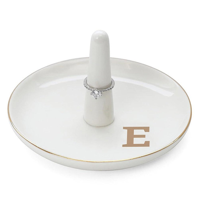 HOME SMILE Initials Ring Holder Jewery Tray with personalized E-Monogrammed Engagement Gifts for Friends,Birthday Mother's Day Christmas Gifts for Women,Ceramic White