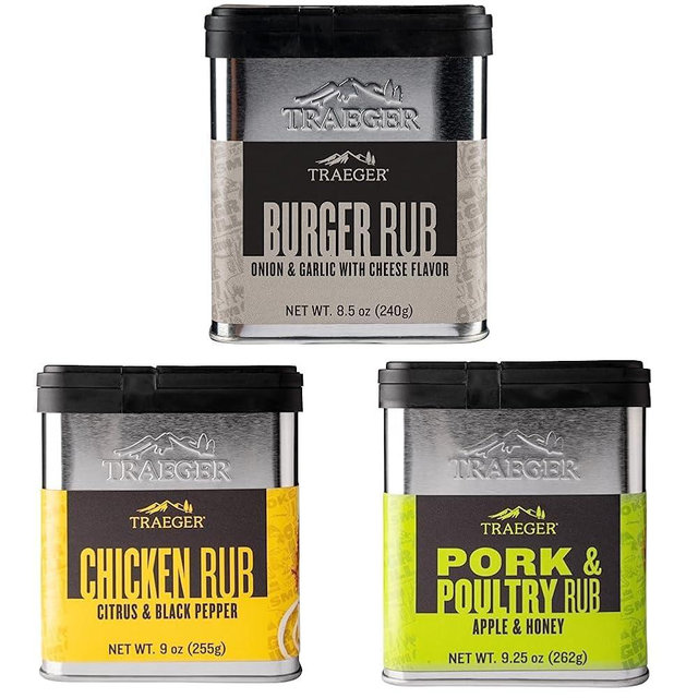 Traeger Grills SPC215 Burger Rub with Onion, Garlic, & Cheese Flavor & SPC170 Chicken Rub with Citrus & Black Pepper & SPC171 Pork & Poultry Rub with Apple & Honey 9.25 Ounce (Pack of 1)