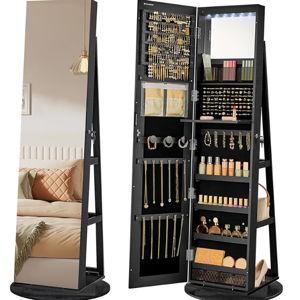 Frameless Full-Length Mirror Jewelry Cabinet, 360° Swivel Organizer/Armoire, Black