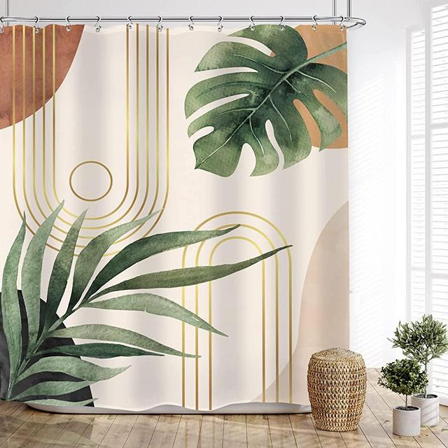 Glawry Bohemian Leaves Mid Century Shower Curtain 72Wx72L Inches Tropical Abstract Boho Botanical Bathroom Curtains Set Plant Palm Leaf Green Minimalist Bath Accessories Art Home Decor Fabric