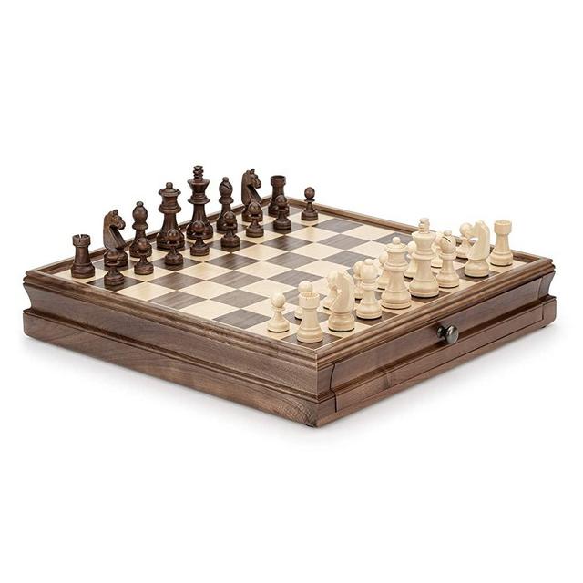 A&A 15" Wooden Chess & Checkers Set w/Storage Drawer w/3" King Height Chess Pieces / 2 Extra Queen/German Knight Staunton Wooden Chessmen/Walnut Wood Chess Board/Classic Board Game