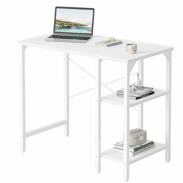 CubiCubi Small Computer Desk, 35 Inch Home Office Desk with 2 Storage Shelves on Left or Right Side, Study Writing Desk with Storage Board, Warm White
