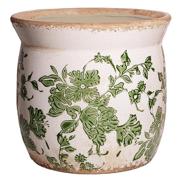 Rustic Ceramic Pots for Plants, 6.21in. Vintage Crackle Glazed Planters for Indoor & Outdoor Plants with Drainage Hole, Unique Planting Pots for Gardening, Tuscan Decor Plant Pots Indoor, Green Leaf