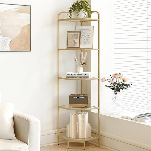 Hzuaneri Corner Shelf Stand, Glass Bookshelf Bookcase, Bathroom Organizer, Plant Stand, Steel Frame, Tempered Glass, Modern Style for Living Room, Bathroom, Kitchen, 5-Tier Golden CS90200G