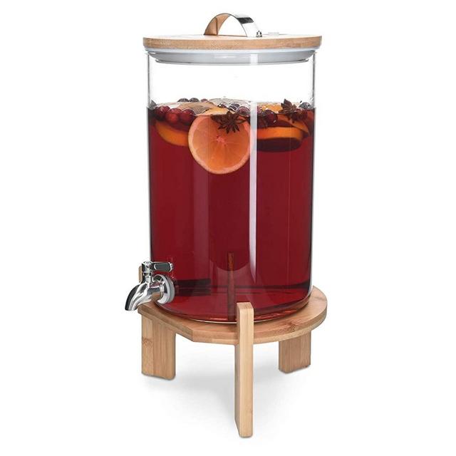 Navaris Beverage Dispenser with Stand - 1.8 Gallon (7L) Glass Drink Dispenser with Spigot, Lid, Wood Stand for Hot or Cold Drinks, Ice Water, Parties