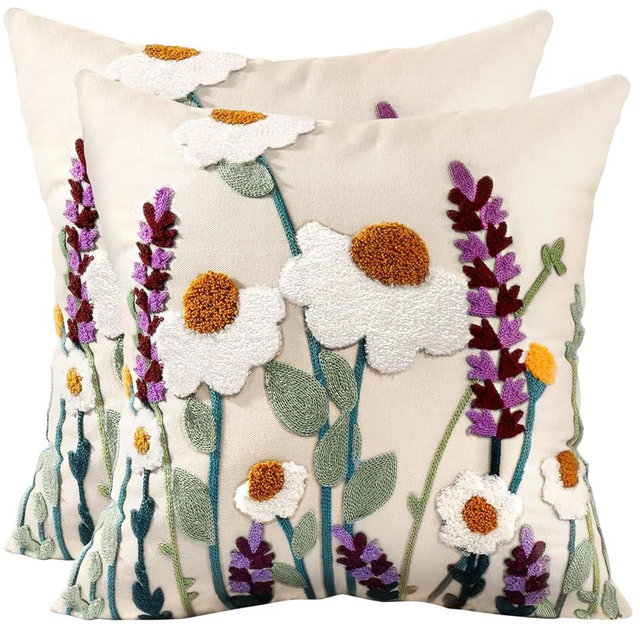 Kokaaee Embroidered Throw Pillow Covers 18x18 Inch - Set of 2 Summer Decorative Pillow Covers with Zipper Aesthetic Cute Design Throw Pillowcases for Couch Sofa Bed, Wild Floral