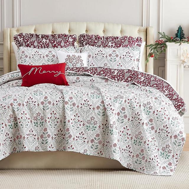 Southshore Fine Living, Inc. Christmas Quilt Set, King Size 7-Pc Set w/4 Pillow Shams & 2 Throw Pillows, Reversible Christmas Bedding Set, Coverlet King Size, Vintage Holiday Print, Red & Cream