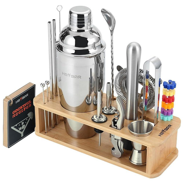 HMYBAR® 22-pc Cocktail Shaker Set(24oz/700ml) | Mixology Bartender Kit | Bar Tool Set | Martini Making Set with 39-Recipe Cocktail Cards & Kit's Deco, Bamboo Stand Natural Color, Silver Tools