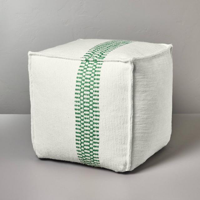 Checkered Stripe Indoor/Outdoor Ottoman Pouf Cream/Green - Hearth & Hand™ with Magnolia