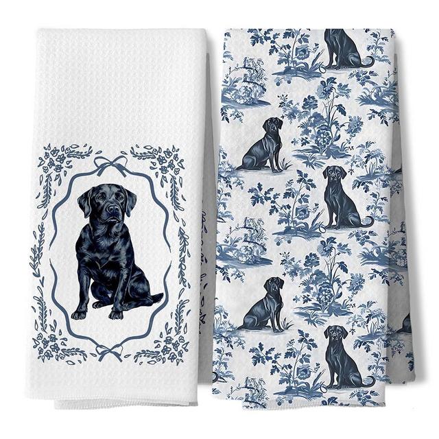 DAYOUER Chinoiserie Labrador Retriever Gifts Kitchen Dish Towels, Black Lab Gifts, Blue and White Labrador Retriever Decor Hand Tea Towels for Bathroom Kitchen, 16x24 Inches Set of 2