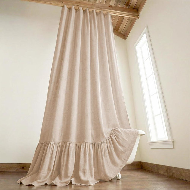 XOGUIBO Extra Long Shower Curtains 84 Inch Farmhouse with Ruffle Hem Linen Beige Shower Curtains for Bathroom Country Vintage Rustic Natural Fabric, 72" W x 84" L