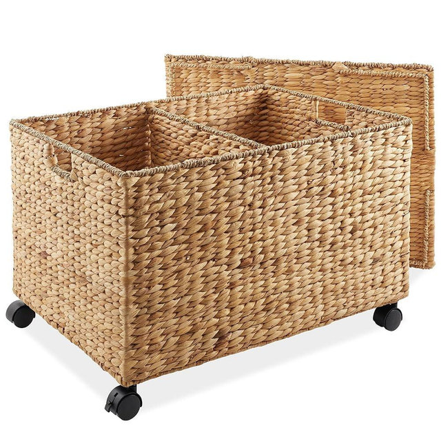 Casafield Rolling Storage Basket Cart with Lid and Locking Wheels, Natural - Handwoven Water Hyacinth Divided Recycling Sorting Bin for Kitchen, Laundry Room, Garage